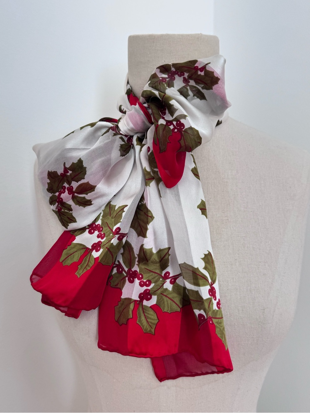 Vtg Silk Holly Berry Christmas Scarf Red White Green